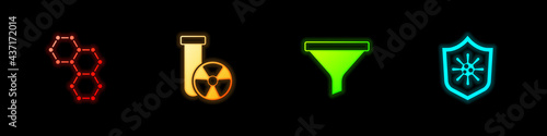 Set Chemical formula, Test tube radiation, Funnel filter and Shield protecting from virus icon. Vector