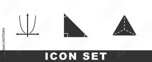 Set Graph, schedule, chart, diagram, Triangle math and Geometric figure Tetrahedron icon. Vector