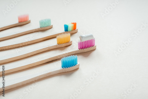 Multicolored eco friendly bamboo toothbrushes  dental care with zero waste concept  sustainable lifestyle