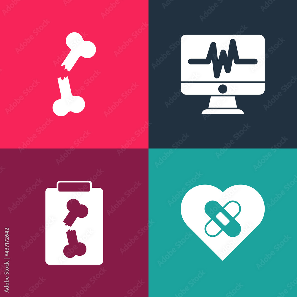 Set pop art Healed broken heart, X-ray shots, Monitor with cardiogram and Human bone icon. Vector Set pop art Healed broken heart, X-ray shots, Monitor with cardiogram and Human bone icon. Vector