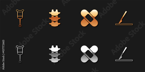 Set Crutch or crutches, Human spine, Crossed bandage plaster and Medical surgery scalpel icon. Vector