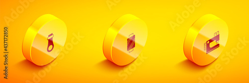 Set Isometric Zipper, Sewing thread on spool and machine icon. Vector