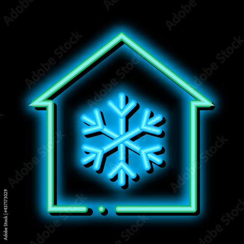 Building And Snowflake Cooling Equipment neon light sign vector. Glowing bright icon transparent symbol illustration