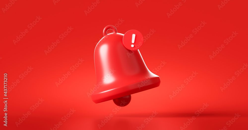 Red danger alarm bell or emergency notifications alert on rescue warning background with security urgency concept. 3D rendering. - obrazy, fototapety, plakaty 