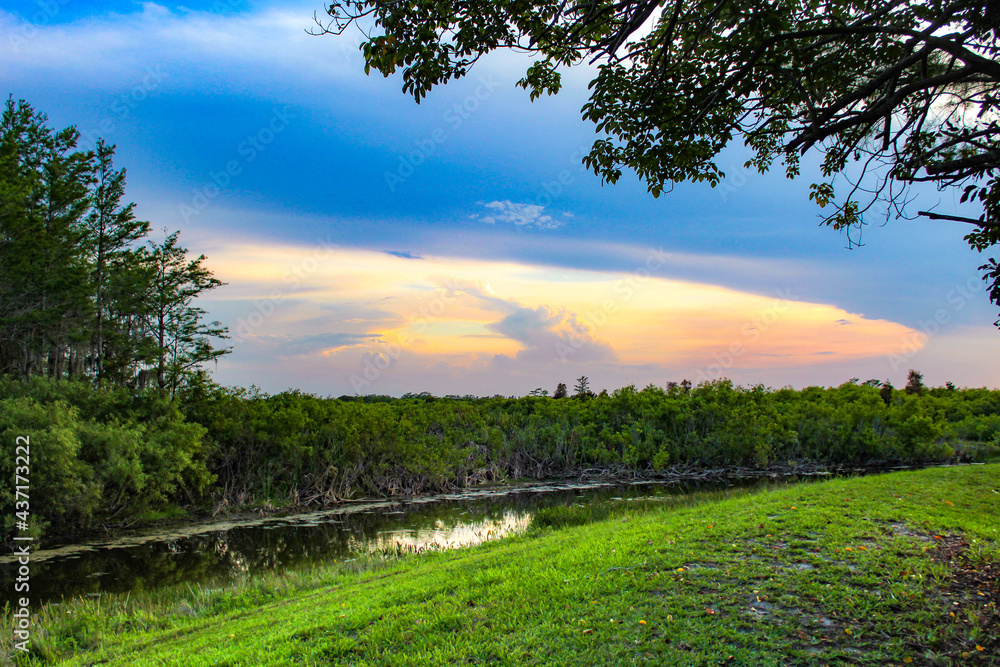 sunset in the swamp refecting in the river sunset in the swamp refecting in the river