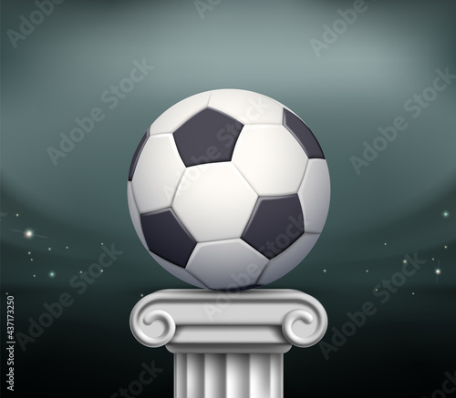 Soccer ball stands on a marble pillar pedestal.