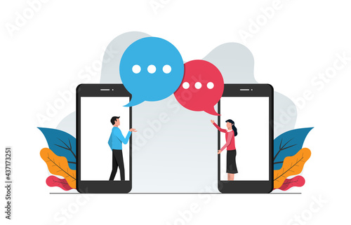 Online video chat concept. Man and woman doing conversation from phone vector illustration.