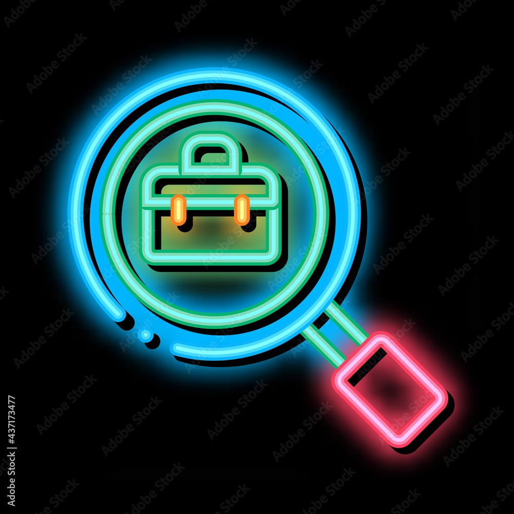 Suitcase In Magnifier Glass Job Hunting neon light sign vector. Glowing bright icon transparent symbol illustration Suitcase In Magnifier Glass Job Hunting neon light sign vector. Glowing bright icon transparent symbol illustration