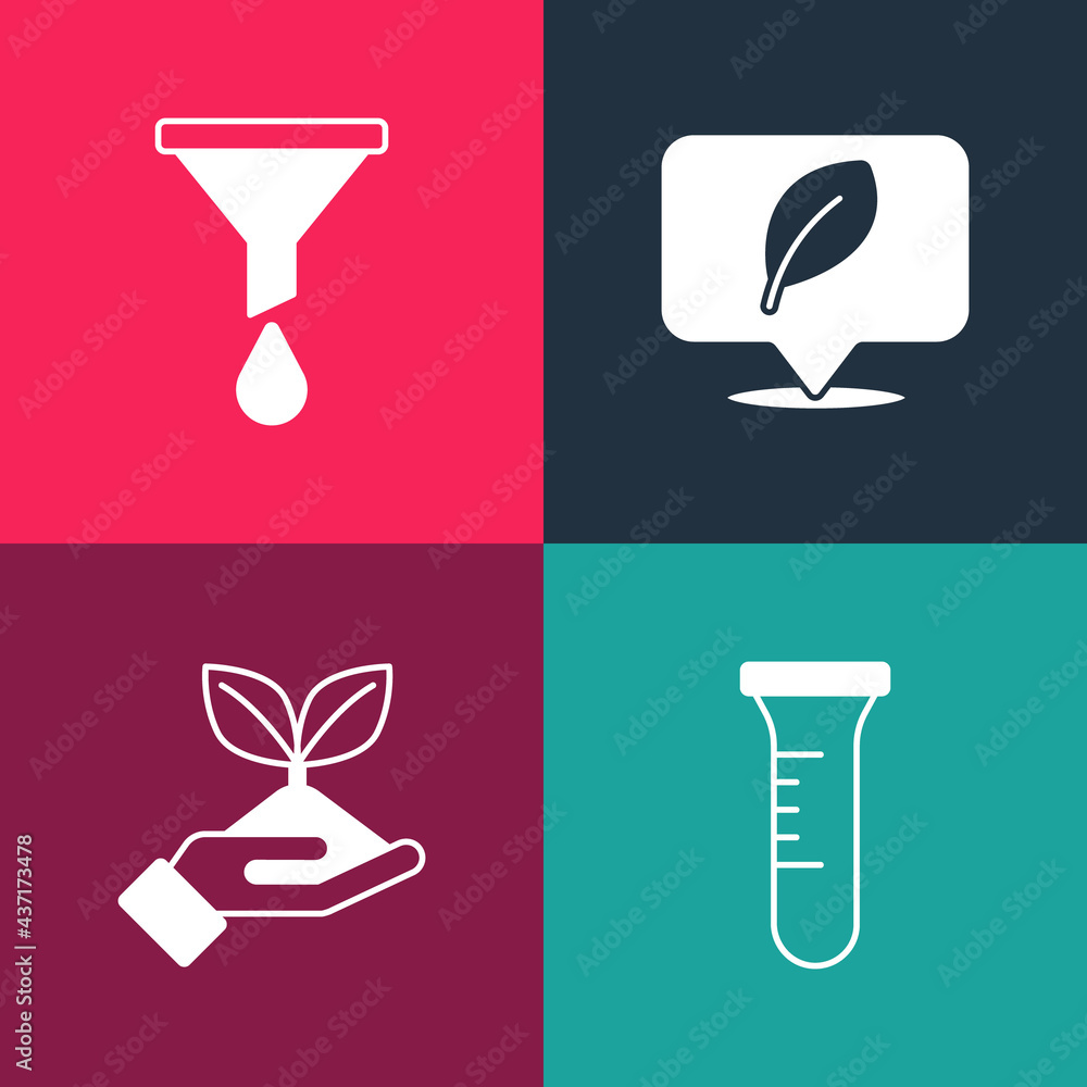 Set pop art Test tube and flask, Plant in hand, Location with leaf and Funnel or filter icon. Vector Set pop art Test tube and flask, Plant in hand, Location with leaf and Funnel or filter icon. Vector