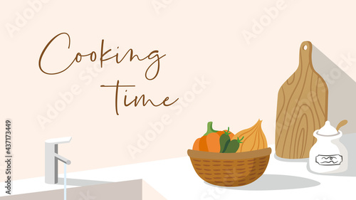 Minimalist interior background with cute flat illustration of chopping board, sugar bowl and vegetables.
