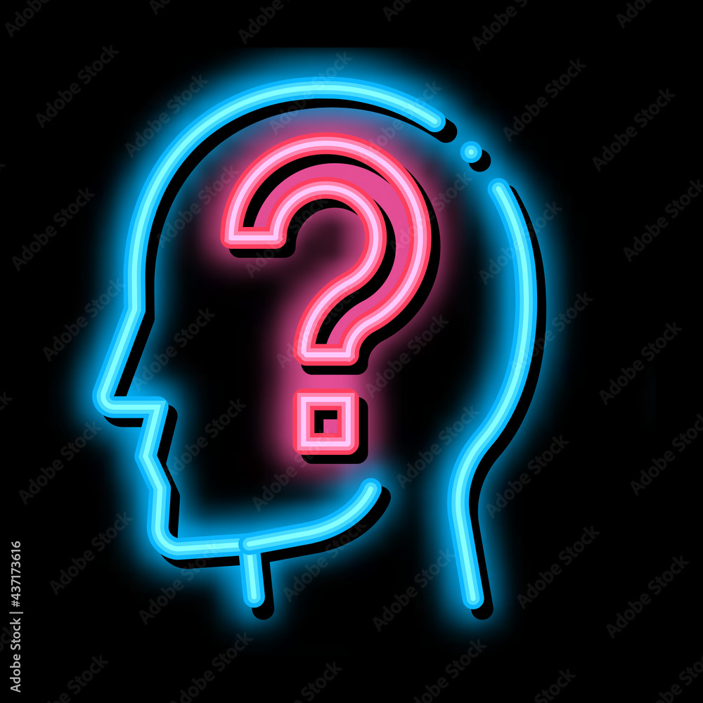 Question Mark In Man Silhouette Mind neon light sign vector. Glowing bright icon transparent symbol illustration Question Mark In Man Silhouette Mind neon light sign vector. Glowing bright icon transparent symbol illustration