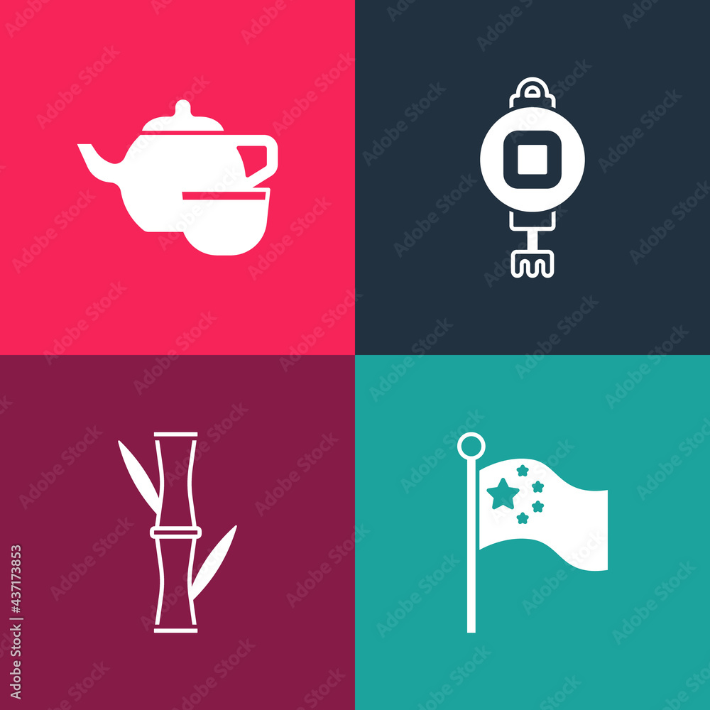 Set pop art China flag on flagpole, Bamboo, Chinese paper lantern and tea ceremony icon. Vector Set pop art China flag on flagpole, Bamboo, Chinese paper lantern and tea ceremony icon. Vector