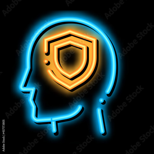 Protection Shield In Man Silhouette Mind neon light sign vector. Glowing bright icon transparent symbol illustration
