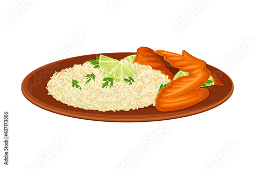 Steamed Rice with Tandoori Chicken as Indian Dish and Main Course Served on Plate and Garnished with Herbs Closeup Vector Illustration