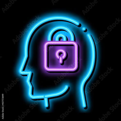 Locked Padlock In Man Silhouette Mind neon light sign vector. Glowing bright icon transparent symbol illustration
