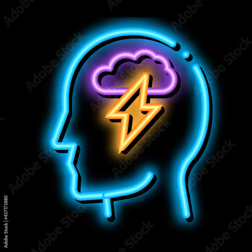 Raining Lightning Cloud In Silhouette Mind neon light sign vector. Glowing bright icon transparent symbol illustration