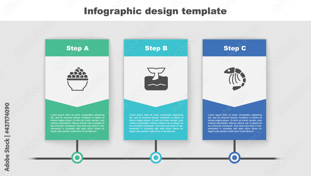 Set Caviar, Whale tail in ocean wave and Shrimp. Business infographic template. Vector