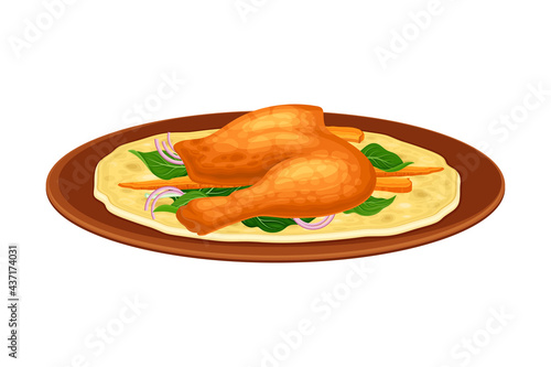 Fried Chicken Leg with Vegetables and Flatbread as Indian Dish and Main Course Served on Plate Closeup Vector Illustration