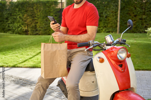 Male courier using mobile app while delivering paper eco bag wit