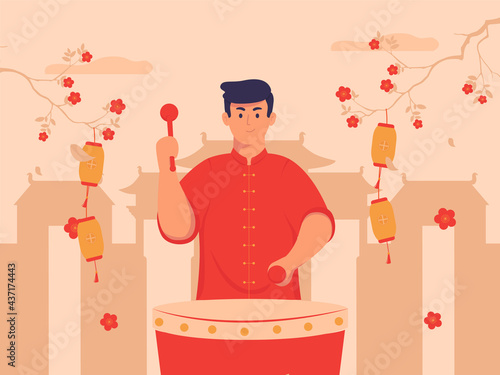 Illustration of A Man beating a drum to celebrate Chinese New Year