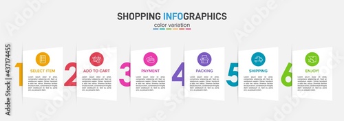 Concept of shopping process with 6 successive steps. Six colorful graphic elements. Timeline design for brochure, presentation, web site. Infographic design layout.