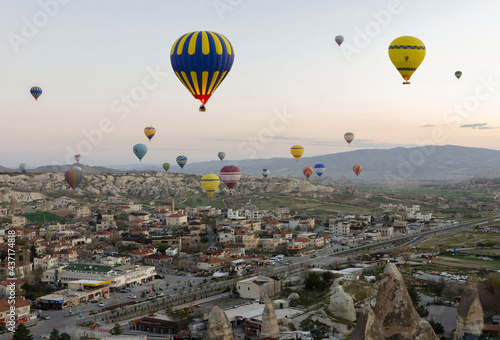 Hot air balloons flying in sunset sky Cappadocia, Turkey © sjv156