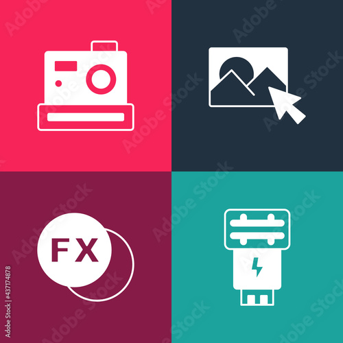 Set pop art Photo camera flash, fx, retouching and icon. Vector