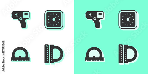 Set Protractor and ruler, Digital thermometer, and Clock icon. Vector