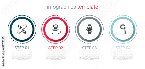 Set Crossed ruler and pencil, Scales, Wrist watch and Micrometer. Business infographic template. Vector
