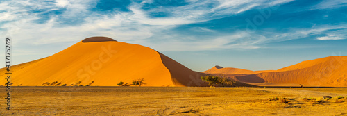 Panorama from the large sand dune 45 at Sossusvlei during sunrise  background beautiful blue sky