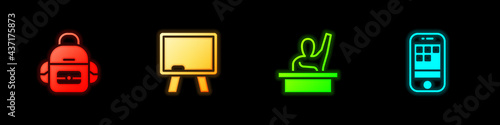 Set School backpack, Chalkboard, Male kid raising hand and Smartphone icon. Vector