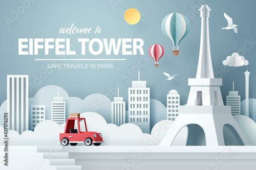Paper art of red car take travel to Eiffel tower in Paris after Covid-19 outbreak end, safe travels and journey in Paris concept