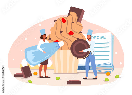 Smiling confectioner decorating cake, make dessert