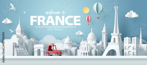 Photo Paper art of red car take travel to paris after covid outbreak end, safe travels