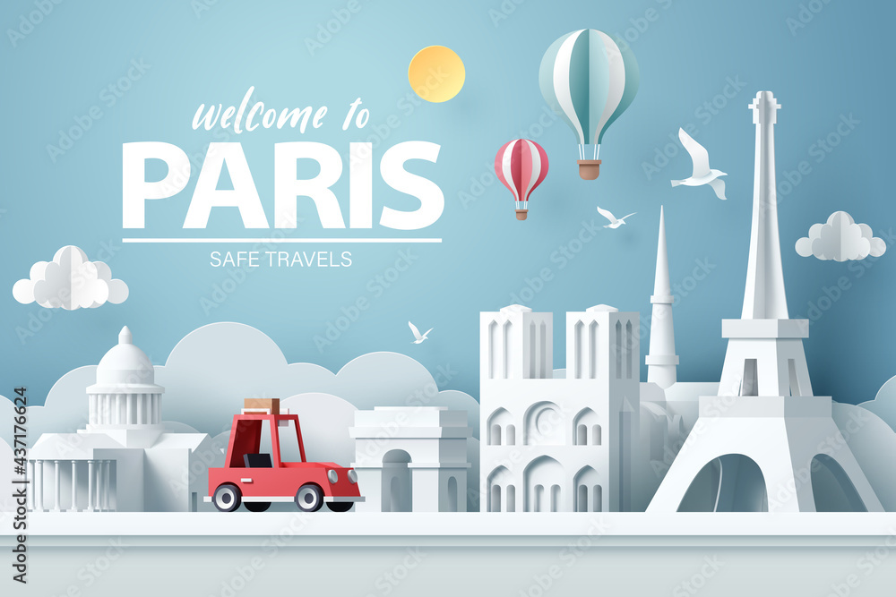 Paper art of red car take travel to paris after covid outbreak end, safe travels and journey in paris concept - obrazy, fototapety, plakaty 