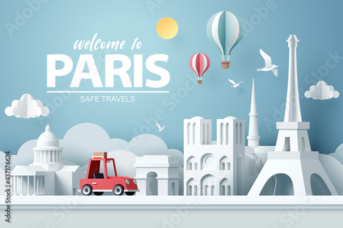 Paper art of red car take travel to paris after covid outbreak end, safe travels and journey in paris concept