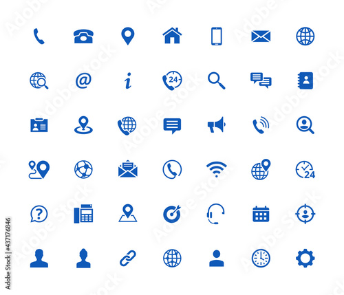 Set of 42 solid contact icons. Blue vector symbols.