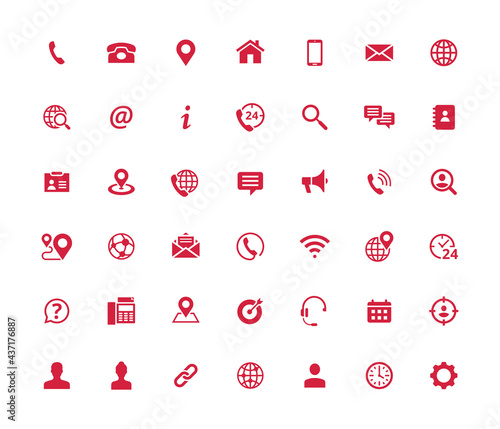 Set of 42 solid contact icons. Red vector symbols.