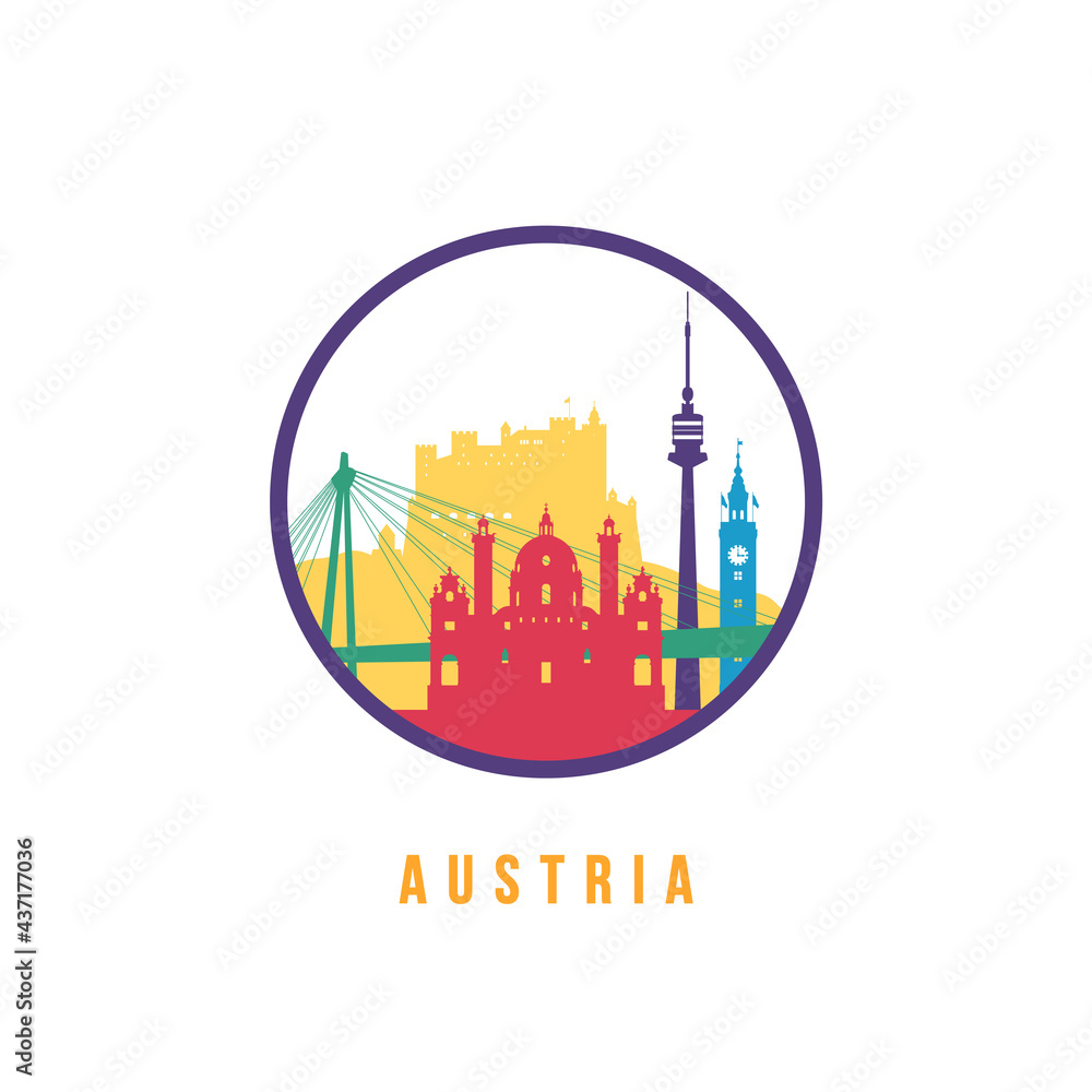 Famous Austria landmarks silhouette. Colorful Austria skyline round icon. Vector template for postmark, stamp, badge or logo.