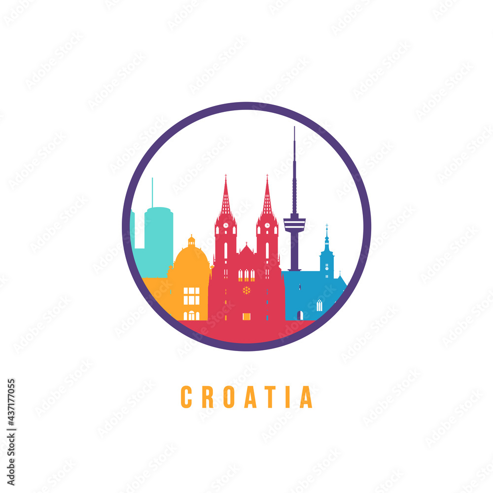 Famous Croatia landmarks silhouette. Colorful Croatia skyline round icon. Vector template for postmark, stamp, badge or logo.