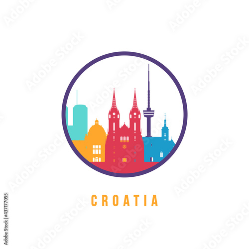 Famous Croatia landmarks silhouette. Colorful Croatia skyline round icon. Vector template for postmark, stamp, badge or logo.