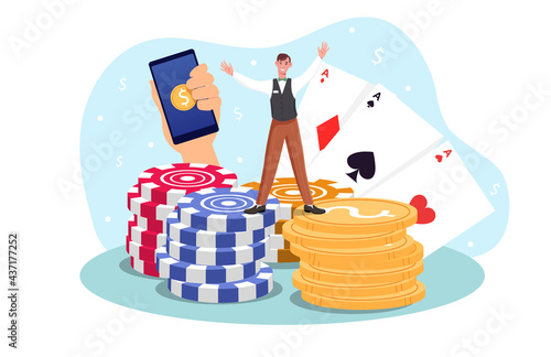 Casino room poker table gambling winning cards set