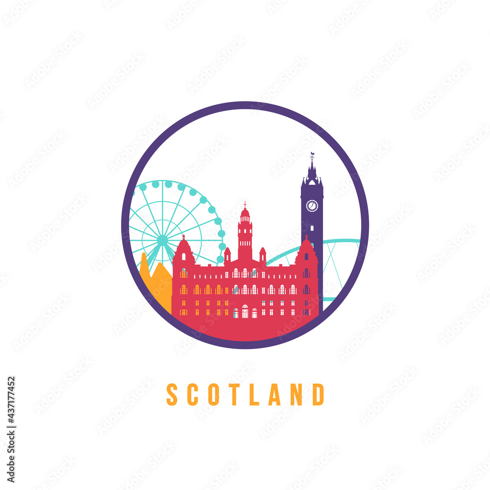 Famous Scotland landmarks silhouette. Colorful Scotland skyline round icon. Vector template for postmark, stamp, badge or logo.