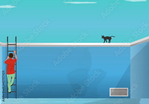 Man climbing a ladder in an empty pool. vector illustration, blue, sky, cat, graphic, Summer preparation