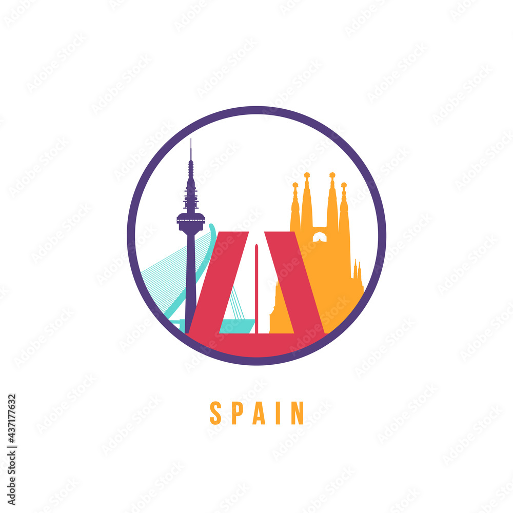 Famous Spain landmarks silhouette. Colorful Spain skyline round icon. Vector template for postmark, stamp, badge or logo. Famous Spain landmarks silhouette. Colorful Spain skyline round icon. Vector template for postmark, stamp, badge or logo.