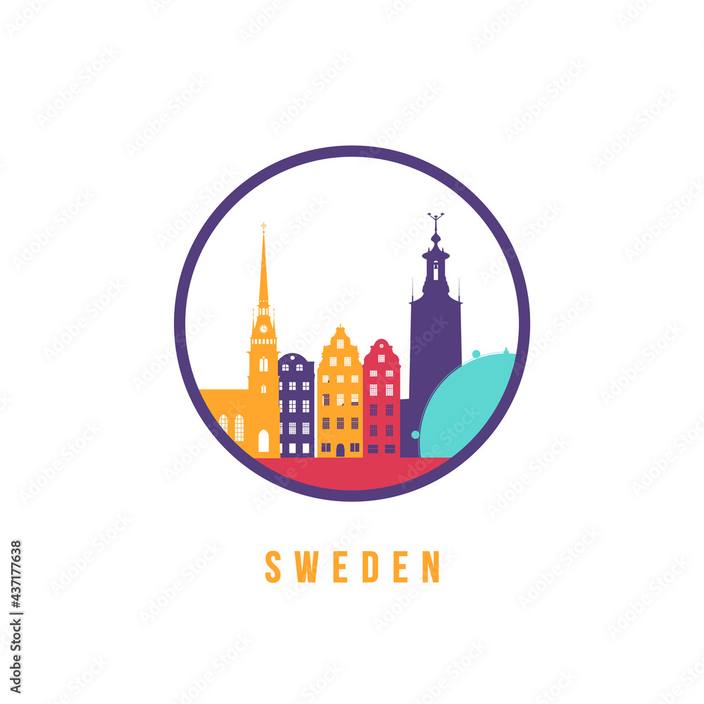 Famous Sweden landmarks silhouette. Colorful Sweden skyline round icon. Vector template for postmark, stamp, badge or logo.