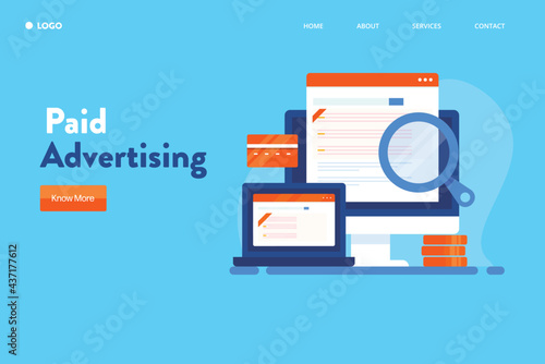 Internet advertising marketing, online ad network, digital media advertising campaign, paid promotion social media ads, search engine ads and ad retargeting concept. Flat design web banner template.