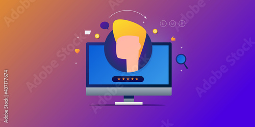 Customer experience and customer loyalty marketing program, happy clients, business product and service review and rating concept, web banner background.