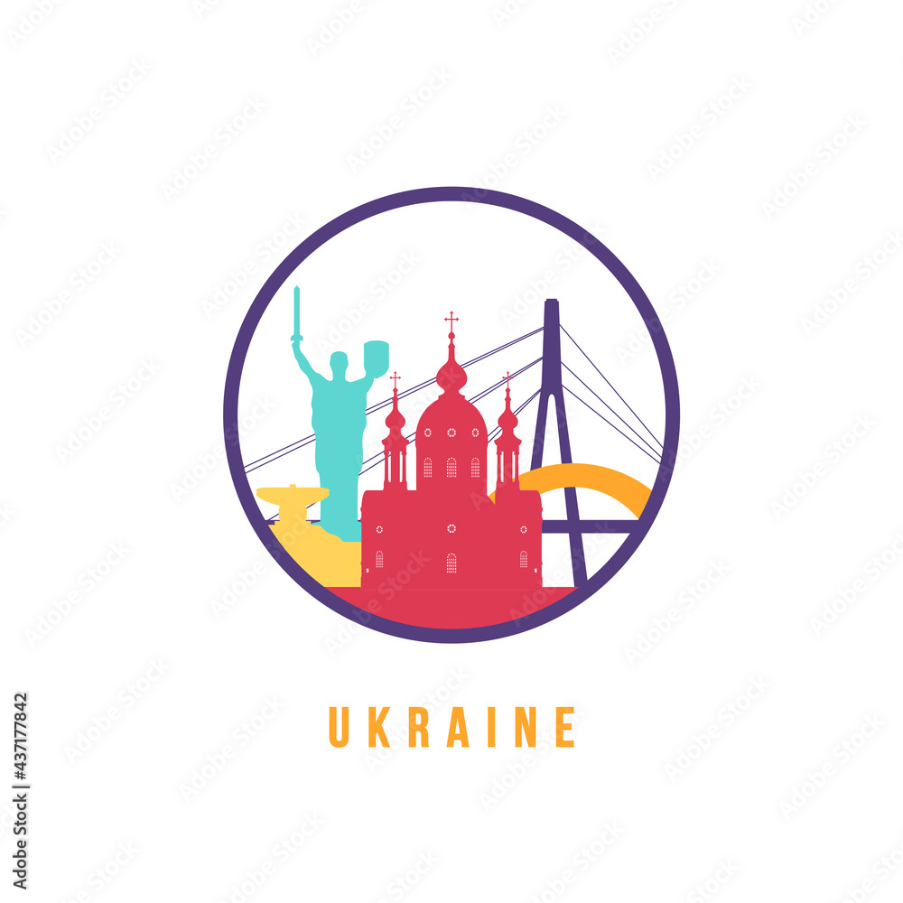 Famous Ukraine landmarks silhouette. Colorful Ukraine skyline round icon. Vector template for postmark, stamp, badge or logo.