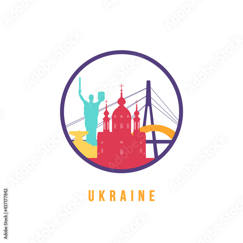 Famous Ukraine landmarks silhouette. Colorful Ukraine skyline round icon. Vector template for postmark, stamp, badge or logo.